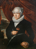 Портрет на Anna Goch с рюш, воалетка, червен карамфил и книга