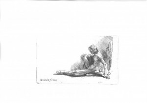 Гол мъж, седнал на земята с изпънат крак, 1646